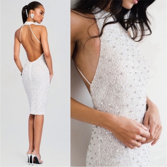 RETROFETE Hand Stitched Crystal & Sequin Sleeveless Halter Open Back Dress S - Picture 4 of 14